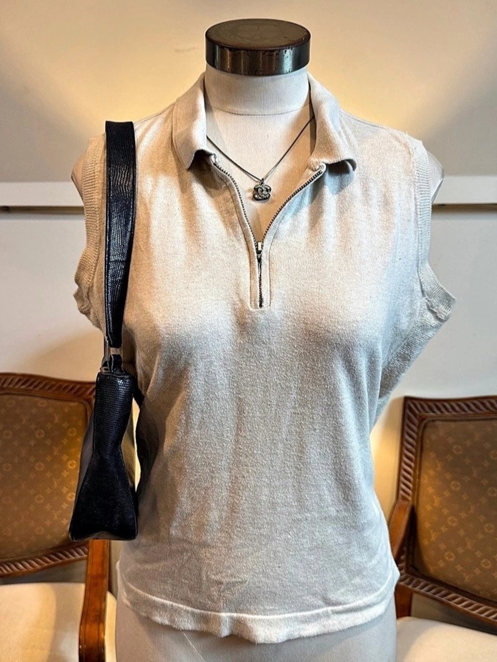 Vintage 90s Elandale Knit Polo Vest Cream Cotton Medium